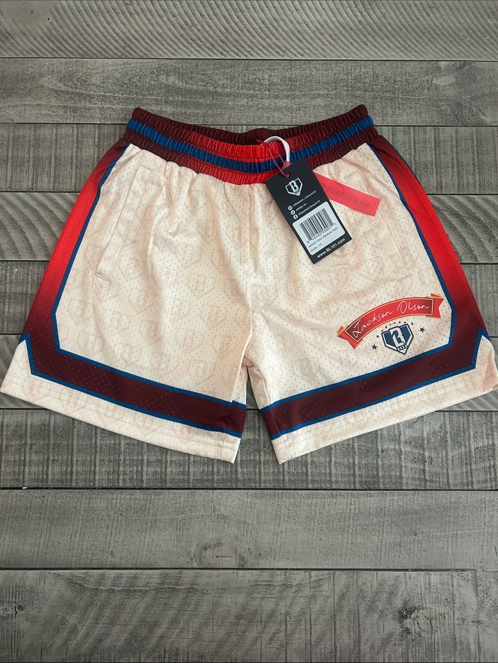 Kids Cream Mesh Athletic Shorts with Red & Blue Trim